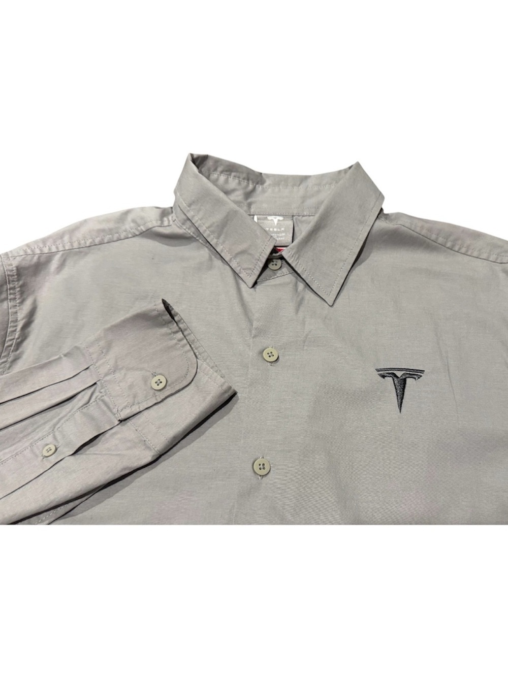 Tesla Dress Shirt Mens Size Medium Gray Long Sleeve Button Down Logo Stretch
